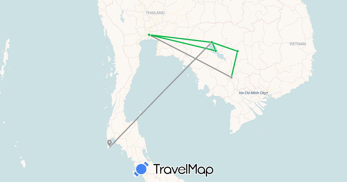 TravelMap itinerary: bus, plane in Cambodia, Thailand (Asia)